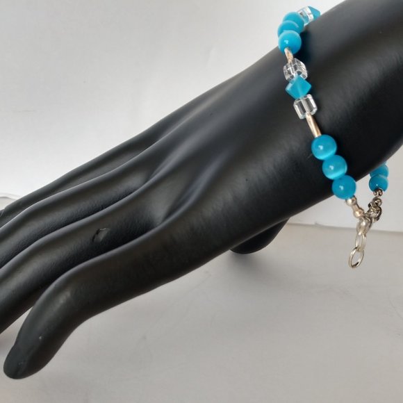 Hand Crafted Jewelry - Aqua Blue Beaded Bracelet with Banded Agate Beads Handmade 8 inches